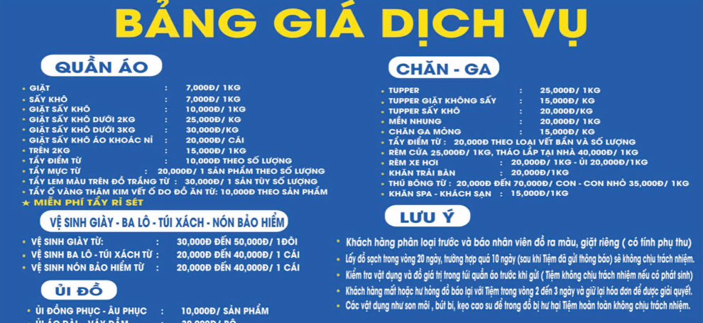 BẢNG GIÁ DỊCH VỤ 